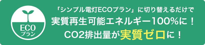 「シンプル電灯ECOプラン」に切り替えるだけで実質再生可能エネルギー100%に！CO2排出量が実質ゼロに！